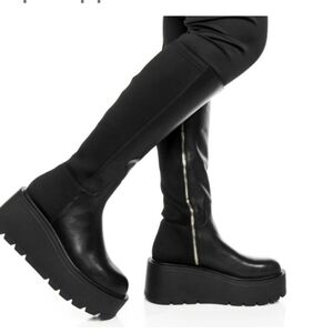 J Slides Victoria Knee High Black Leather/Lycra Platform  Goth Boots Sz 8